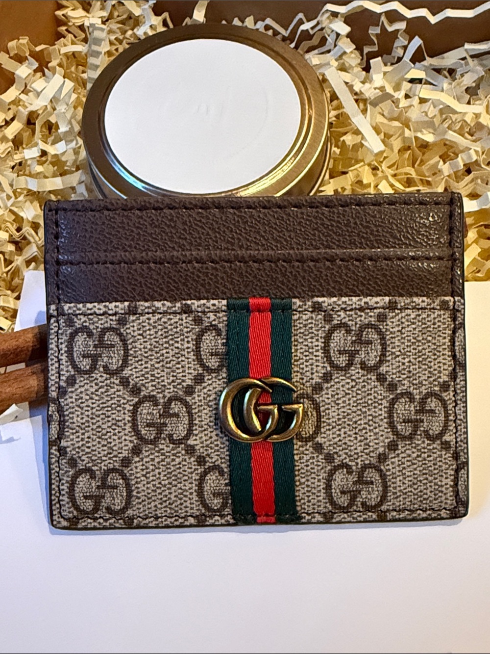 Fashion Accessories Brown Card Holder with Green-Red Web and Gold Double G